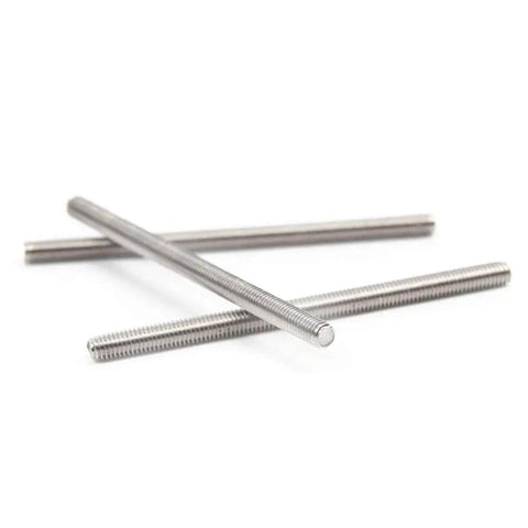 304 Stainless Steel 1/4-28 Fully Threaded Rod 12 Inch Long For DIY Projects And Industrial Fastening, Corrosion Resistant, Drill Cut Heat Shapeable, Low Magnetic Permeability, Built To Last For Assembly And Tap Nuts, three threaded rods on white
