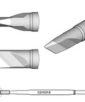Diagram of Cartridge Knife 3.4mm x 0.3mm Pro Grade Soldering Tip for through hole and surface mount components with various angles