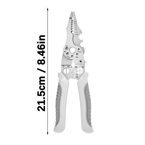 Rugged Stainless Steel Wire Stripper And Cable Cutter Pliers Quick Release Jaw with gray comfort grips, 21.5cm long.