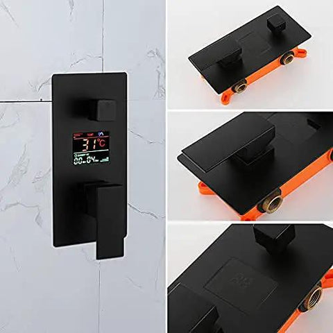 Slick Wall Mounted Digital Display Led Black Shower System Featuring 4 Function Pressurized Waterfall Rain Mode And Handheld Sprayer Hydropower Temp Gauge Tub Spout Heavy Duty Stainless Steel Solid Build Easy Peasy Install Top Shelf Bath Upgrade control panel with black finish and LED temperature gauge.