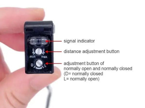 Front view of Infrared Through Beam Sensor 12-24V Long Cable Photoelectric Switch showing signal indicator and adjustment buttons