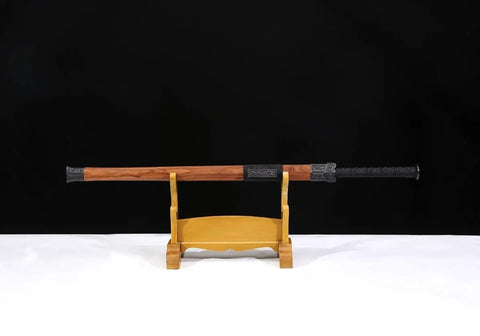Hand-Forged Damascus Han Sword With 42-Inch Battle-Ready Chinese Longquan Blade on wooden stand, rosewood handle and scabbard.