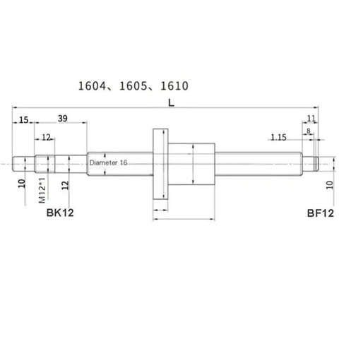 Heavy Duty SFU1605 And SFU2010 Ballscrew Assortment With Ball Nut Kit For CNC Machines featuring a technical diagram of diameter and length specifications.