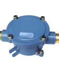 Malockos ZCJ-01 blue round explosion-proof IP66 junction box with brass conduit fittings on both sides.