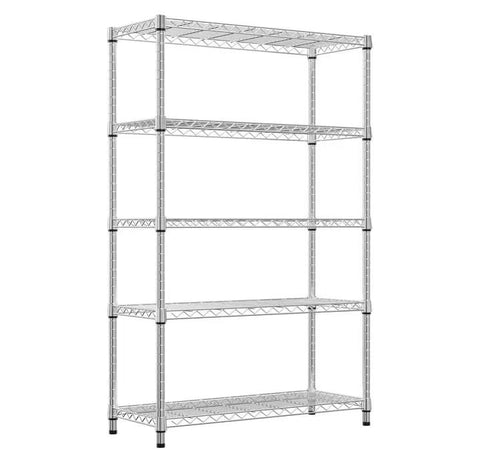 Five Tier Heavy Duty Wire Shelving Unit Adjustable Metal Storage Rack Tough As Nails Handles Massive 1750 Pound Loads in sleek silver finish.