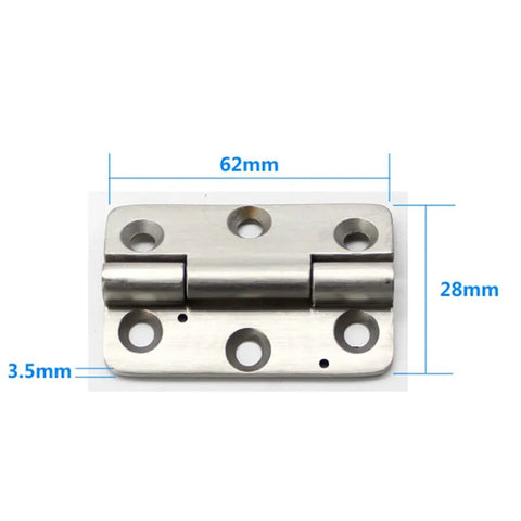 Professional Grade Heavy Duty Door Hinge For Industrial Machinery And Shop Equipment Load Bearing Thickened Stainless Steel Hardware Straight Up Rock Solid Finish showing dimensions 62mm x 28mm x 3.5mm.