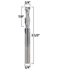 Premium CNC Compression Bit With Two Flute Spiral End Mill For Laminates And Plywood Chip Breaker Router Bit Quarter Inch Diameter And Shank Solid Tungsten Carbide For A Smooth Mirror Finish And Clean CNC Milling, front view with measurements