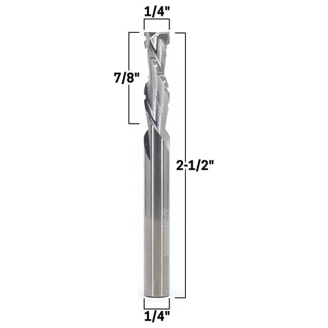 Premium CNC Compression Bit With Two Flute Spiral End Mill For Laminates And Plywood Chip Breaker Router Bit Quarter Inch Diameter And Shank Solid Tungsten Carbide For A Smooth Mirror Finish And Clean CNC Milling, front view with measurements