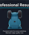 Beefed Up Mini Bench Grinder With Dual Grinding Wheels And Rock Steady Portable Cordless Frame Featuring Suction Grip Base, viewed from behind.