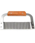 Crinkle-cut fry slicer with wooden handle and stainless steel blades, front view.