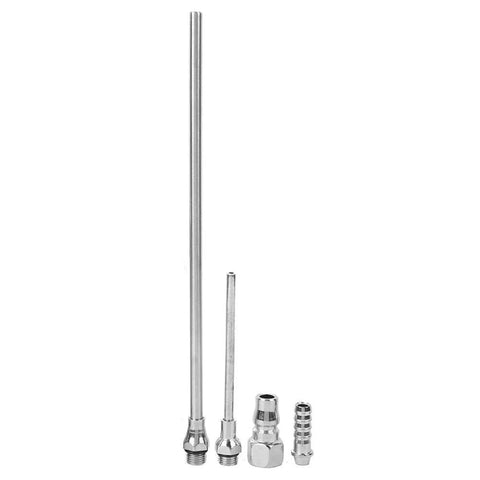 Pneumatic Air Blow Gun With Lightweight Aluminum Alloy Construction accessories including adjustable nozzles and connectors, silver color.