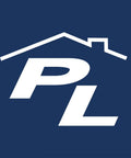 Logo with the letters 'PL' beneath a roof outline on a dark blue background.
