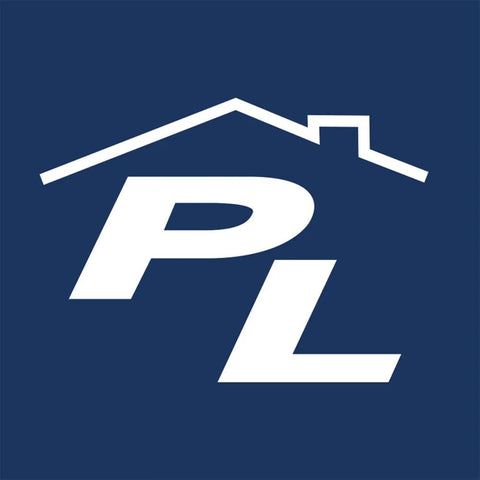 Logo with the letters 'PL' beneath a roof outline on a dark blue background.