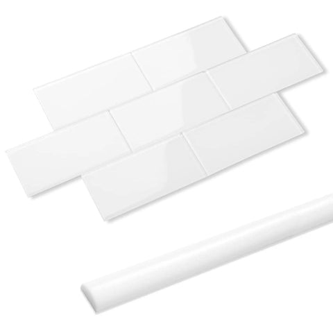 72-Piece Peel And Stick Glass Tile Set For Kitchen And Bathroom Backsplash 3X6 Subway Style Self Adhesive White Gloss Finish Includes Tile Trim