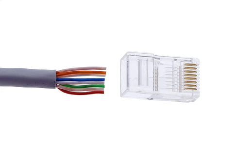 Close-up of an Ethernet cable and RJ45 plug. Telemaster Modular Plug Crimp Tool For CAT5e And CAT6 Data And Voice Cables.