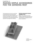Book: Tool & Cutter Sharpening for Home Machinists; angled view of metal square workpiece holder assembly for grinding.