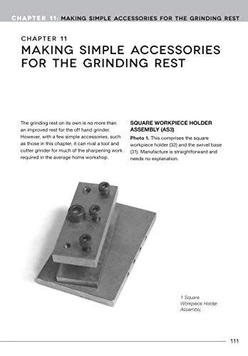 Book: Tool & Cutter Sharpening for Home Machinists; angled view of metal square workpiece holder assembly for grinding.