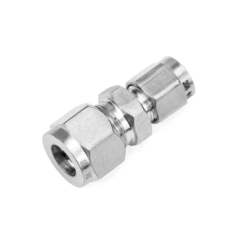Pysrych stainless steel 304 compression tube fitting reducer union, 3/8 in to 1/4 in OD, side view