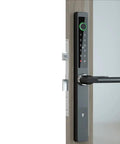 Straight Up Heavy Duty Smart Padlock With Quick Fingerprint Scan And Phone App Control Rock Solid Aluminum Body visible on a door.