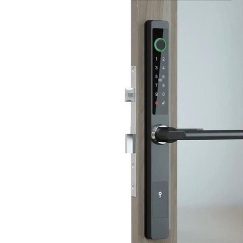 Straight Up Heavy Duty Smart Padlock With Quick Fingerprint Scan And Phone App Control Rock Solid Aluminum Body visible on a door.