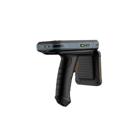 Battle Ready Android 12 Handheld PDA With Pistol Grip 1D 2D QR Barcode Scanner IP67 rugged design, side view with protective grip.
