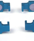 Four Pack Upgraded Beefy Magnetic Parallel Keepers for Vise Jaws, blue aluminum holders with embedded magnets, top view.