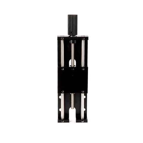Laser engraver lift stand kit, black metal body with dual silver guide rods and visible leadscrew