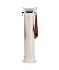 Top Shelf Coffee Grounds Knock Box With Splash Proof Tilted Opening Eight Point Six Liter Large Capacity Espresso Dump Bin Includes Trash Liners And Dry Towel Slick Matte White Build Zero Hassle Counter Cleanup, featuring a matte white finish and attached towel.
