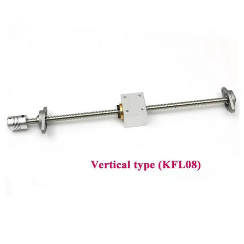 Solid TR8 Lead Screw Set For Horizontal Vertical Setup With 8mm Diameter And 2mm Pitch To Make Your CNC Machine Zoom Smooth And Rock Steady Without Any Noise Or Wobble Ever Again. Vertical type TR8 lead screw set with 8mm shaft, brass nut, and KFL08 support for CNC axis.
