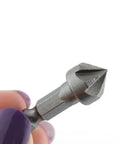 Close-up of 2 Pcs 90 Degree Countersink Drill Chamfer Bits With 1 Quarter Inch Hex Shank for woodworking and carpentry use.