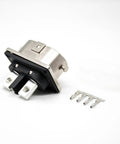 Heavy Duty EV High Voltage Connector Plug N Play Two Pin Socket With M6 Holes, straight metal housing, includes terminals for EV hook up.