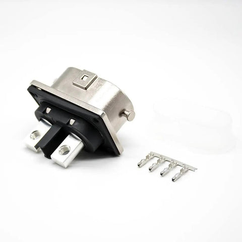Heavy Duty EV High Voltage Connector Plug N Play Two Pin Socket With M6 Holes, straight metal housing, includes terminals for EV hook up.