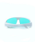 Hardcore Laser Safety Glasses Red Beam Protection Od4 Plus 620 To 700 Nm Range Lb4 Certified with clear white frame and blue lenses.