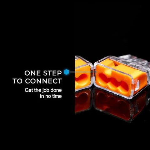 Two orange 3-port push-in wire connectors, close-up view