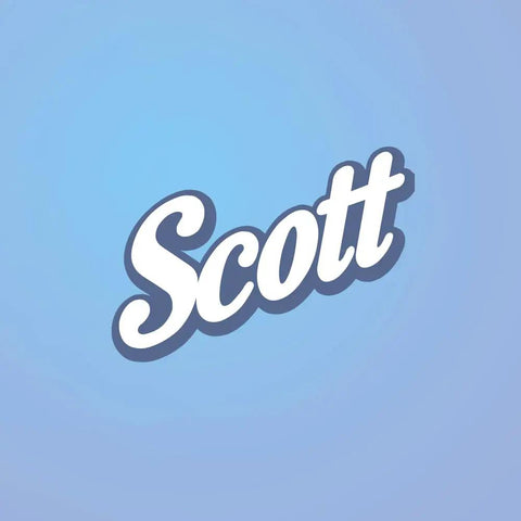 Logo of the Scott brand in white cursive letters on a blue background.