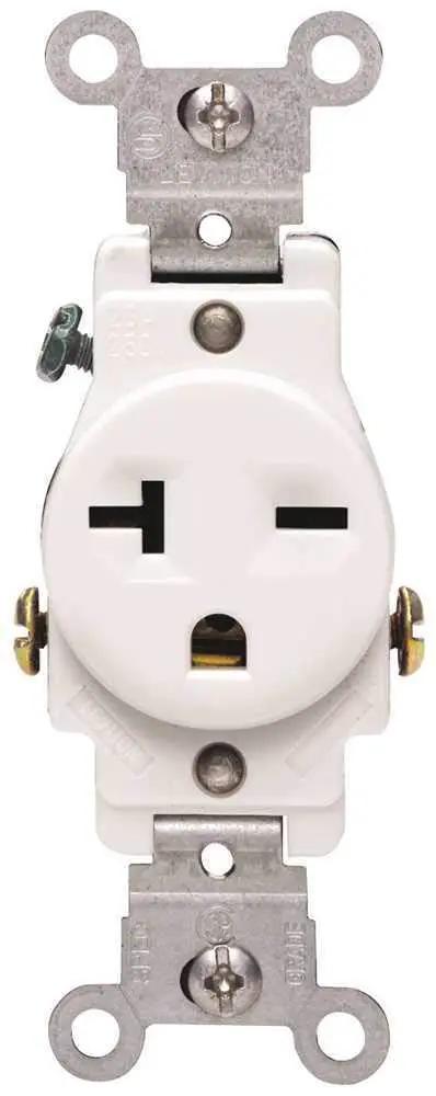 20 Amp 250 Volt Narrow Body Single Receptacle Straight Blade Commercial Grade Grounding Outlet White 1 Receptacle Built To Last With Heavy Duty Brass Power Contacts And Backed Out Terminal Screws For Easy Wiring 5821-W, front view