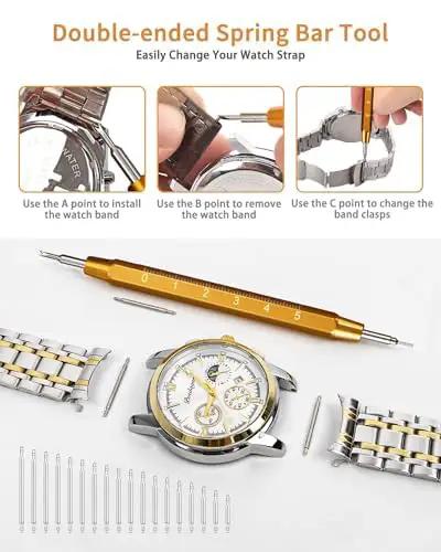 Watch Repair Tool Kit With 149 Piece Set For Link Removal And Battery Replacement For DIY Beginners And Pros layout with tools.