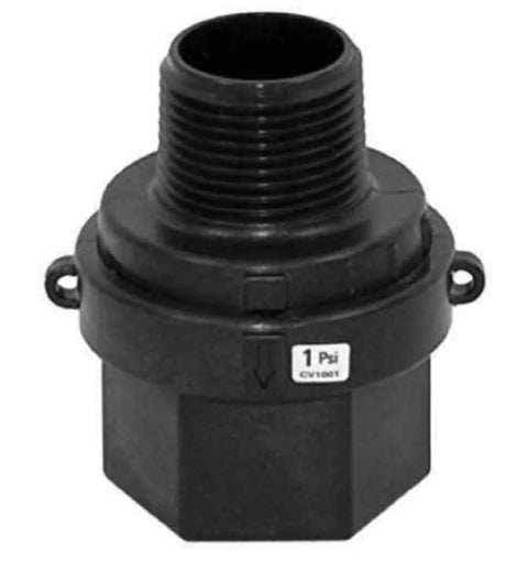 Front view of black polypropylene check valve, 1 in. NPT male to 1 in. NPT female