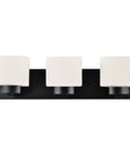 Dimmable Matte Black Vanity Light With Frosted Glass Shades, Three Light Bathroom Fixture, 24 Inch Wide, front view