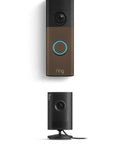 Top Shelf Battery Powered Doorbell Bundle Featuring Crisp 2K HD Footage And Rock Solid Wireless Indoor Security Cam showing brown doorbell and black indoor cam.