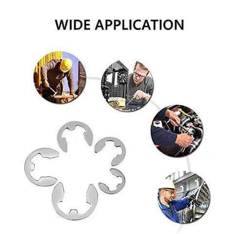 120Pcs 10 Size 304 Stainless Steel E Clip Assortment Kit With External Retaining Snap Rings Circlips For 1.5 To 10 Mm In Durable Plastic Storage Box Pro Grade Shop Must Have image showing various application uses for E-clips in machinery and automotive work.