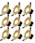 9-Pack of 3-Inch Brass LED Recessed Lights, Round Retrofit Ceiling Fixtures with Lush Gold Trim viewed from the front angle.