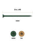 Heavy Duty Three Inch Deck Screws, Number Nine Green Bugle Head With T25 Star Drive, shown with green and tan screw heads.