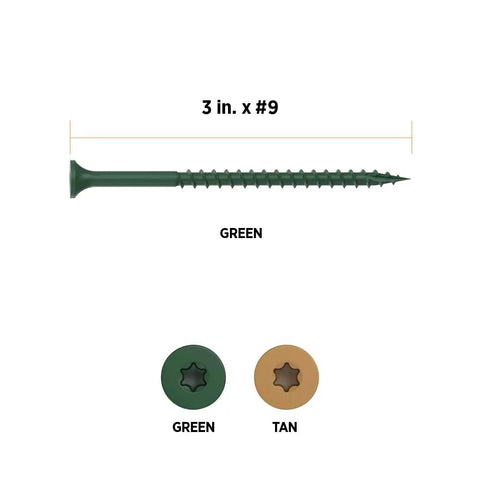 Heavy Duty Three Inch Deck Screws, Number Nine Green Bugle Head With T25 Star Drive, shown with green and tan screw heads.