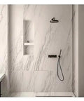 Heavy Duty Stainless Steel Concealed Door Hinges Built Tough Invisible Flush Access Panel Hardware installed in marble bathroom wall.