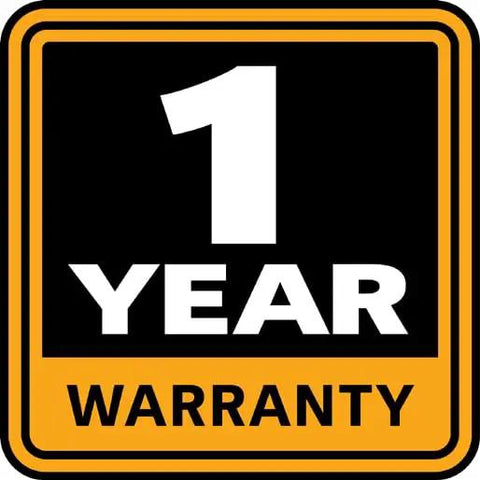 1-year warranty label with bold white text on a black and orange background.