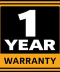 Warranty badge displaying "1 Year Warranty" on a yellow-bordered black background.