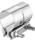 Angled side view of 2-inch stainless steel lap-joint exhaust clamp with two bolts around a pipe