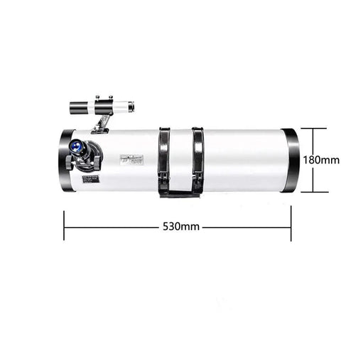 Side view of Newtonian Reflector Telescope With 150mm Aperture And 1400x Magnification Epic Planet Moon Viewing, dimensions shown