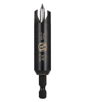 Premium 3/8 Inch Plug Cutter Features Auto Centering Spring Loaded Tip That Kills Walking To Carve Buttery Smooth Tapered Plugs Every Single Time With A Rock Solid 1/4 Quick Shank And Anti Slip Chuck Lock For Serious Woodworking Pros, detailed view of cutter.